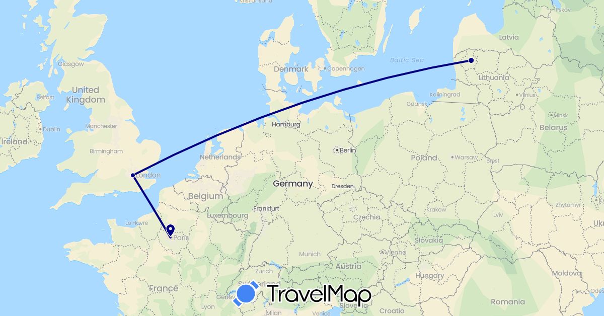TravelMap itinerary: driving in France, United Kingdom, Lithuania (Europe)